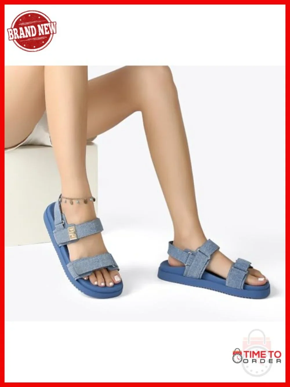Double Strap Flat Sandals with Hook & Loop Closure, Non-Slip